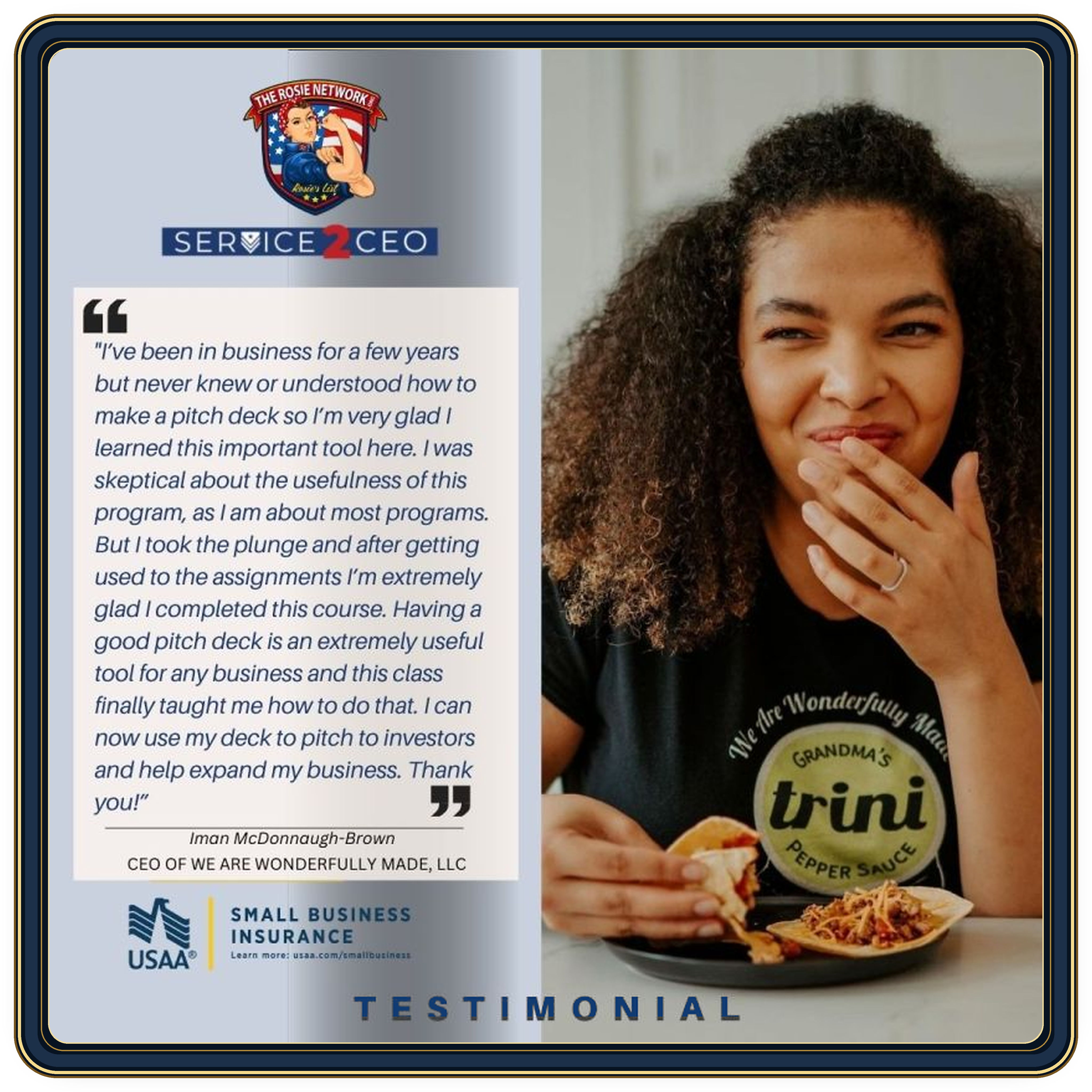 Iman McDonnaugh-Brown testimonial with her portrait, quote, and partner marks